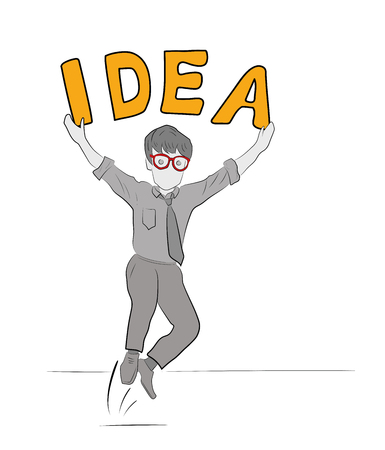 Happy businessman came up with business idea. Businessman standing with idea bulb. Business idea concept. Vector flat design illustration isolated on white backgroundのイラスト素材