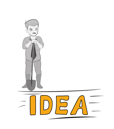 A man with a shovel. The concept of work on the idea. Vector illustration.のイラスト素材