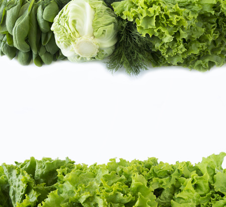 Green vegetables, lettuce and herbs at border of image with copy space for text. Top view. Cabbage, spinach, dill and lettuce. Green vegetables on a white background.の写真素材