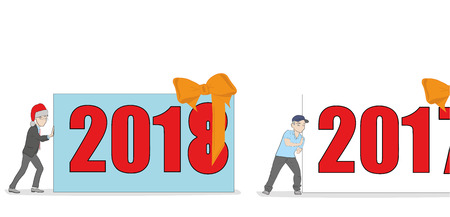 the man in the New Year's cap pushes the inscription 2018. another person pushes out 2017. the concept of the arrival of the new year. vector illustration.のイラスト素材