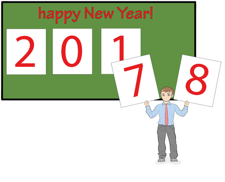 Man changes the new year cards from 7 to 8. The inscription Happy New Year! concept of New Year's holidays. vector illustration.のイラスト素材