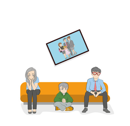 A married couple is sitting on the couch. conflict situation. the concept of development of family relations. vector illustration.のイラスト素材