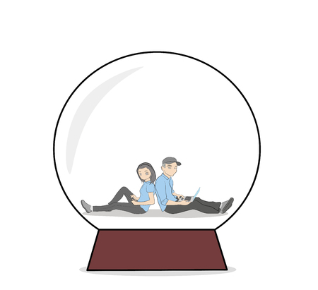 guy and girl are sitting in a bowl with their backs to each other communicating through gadgets. the concept of relations in the network. vector illustration.のイラスト素材
