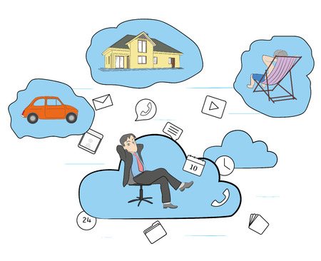 a man sitting in an office chair is hovering in the clouds. dreams of home, rest and car. vector illustration.のイラスト素材