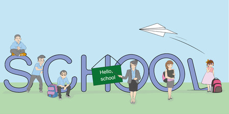 SCHOOL children with teachers. Preparation for school. vector illustration.のイラスト素材
