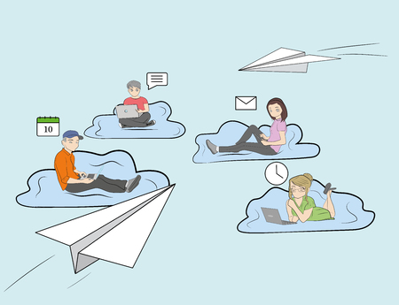 Young people are sitting on the clouds with laptops and gadgets. The concept of communicating in the network. vector illustration.のイラスト素材