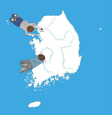 the boys are on the map of South Korea. vector illustration.のイラスト素材