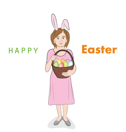 Girl with rabbit ears and basket with eggsのイラスト素材