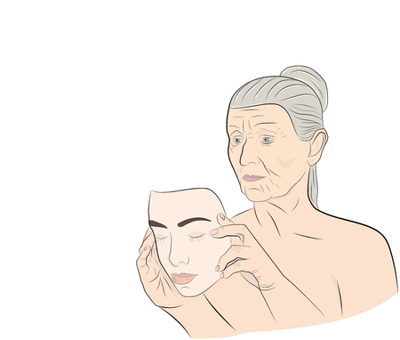 An elderly woman dresses a mask with the face of a young girl. concept of rejuvenation. vector illustration.のイラスト素材