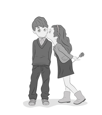 The girl kisses the boy on the cheek. Valentine's Day. vector illustrationのイラスト素材
