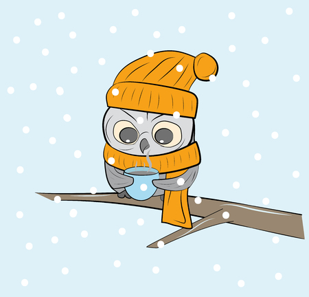 An owl with a cup of tea sits on a branch. Snowy winter. Vector illustration.のイラスト素材
