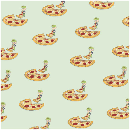 cartoon man eating a slice of pizza on a background of a large pizza. background. vector illustration.のイラスト素材