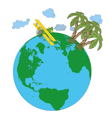 plane over the Earth with palm trees. vector illustration.のイラスト素材
