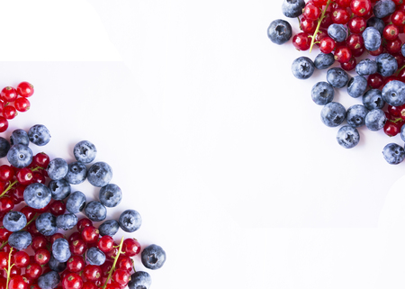 Ripe blueberries and red currants on. Berries at the border of the image with copy space for text. Red and blue berries. Various fresh summer berries on white background.の写真素材
