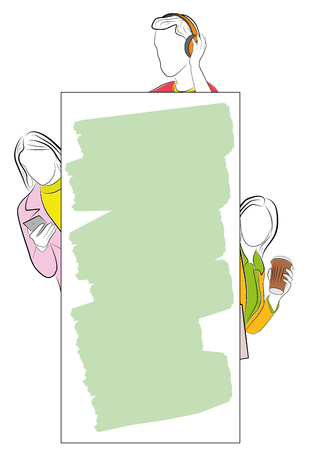 girls and a guy at a board for an inscription. vector illustration.のイラスト素材