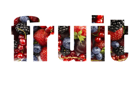 Word FRUIT composed of different fruits and berries. Ripe blackberries, blueberries, strawberries, red currants and plums.Top view.の写真素材