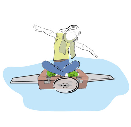 the girl is sitting on a suitcase depicting a flight on an airplane. the concept of traveling. dreams. vector illustration.のイラスト素材