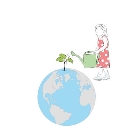 the girl watered a plant that grows from the Earth. world environment day. vector illustration.のイラスト素材