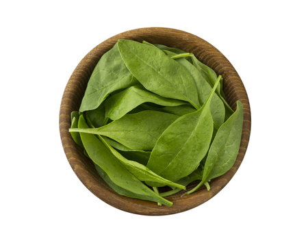 Spinach in wooden bowl. Top view. Spinach isolated on a white background. Green spinach with copy space for text.の写真素材