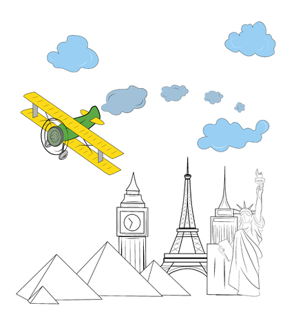 the plane flies over the world's sights. concept of travel. vector illustration.のイラスト素材