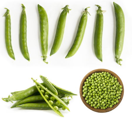 Set of green peas. Green peas isolated on a white background. Vegetables with copy space for text. Fresh green peas on a white background. Studio photo. Isolated macro food photo close up from above on white background.の写真素材