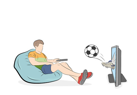 man watching football. flies out of the tv screen.のイラスト素材