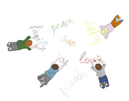 Children write on earth the words: friendship, peace, happiness, family, joy.のイラスト素材