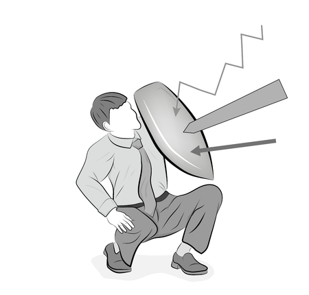 Business concept vector illustration of a businessman defending himself with a shield. Risk, courage, leadership in business conceptのイラスト素材
