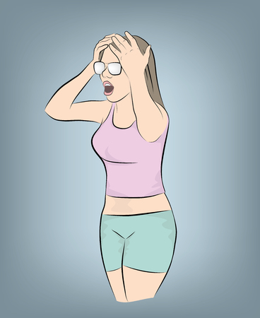 a woman stands holding her head. vector illustration.のイラスト素材