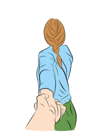 girl leads the guy's hand. take my hand. vector illustration.のイラスト素材