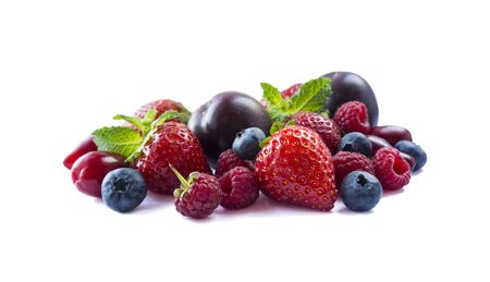 Fruits and berries isolated on white background. Ripe strawberries, blueberries, raspberries, red...