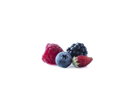 Berries isolated on white background. Ripe blueberries, blackberries, raspberries and wild strawberries. Background of mix berries with copy space for text. Mix berries on white background.の写真素材