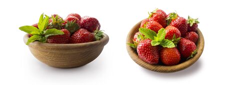 Strawberries in bowl isolated on white background. Ripe strawberries close-up. Sweet and juicy berry with copy space for text. Strawberries on white. Strawberries from different angles on white.の写真素材
