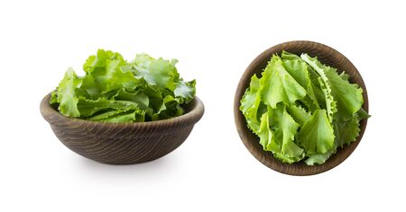 Young lettuce leaves in wooden bowl. Top view. Lettuce isolated on a white background. Green lettuce with copy space for text. lettuce leaves isolated on white. Salad from different angles on white.の写真素材