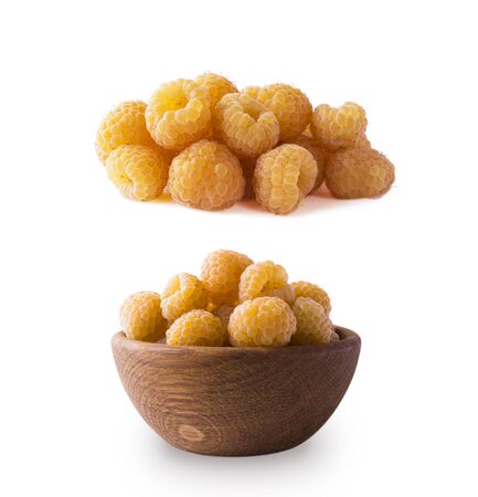 Raspberry isolation. Yellow raspberries isolated on white background. Juicy and delicious yellow raspberry with copy space for text. の写真素材
