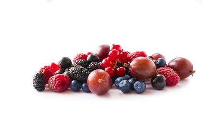 Fruits, berries isolated on white background. Fruits and berries with copy space for text. Currant, blueberry, gooseberry, mulberry, raspberry. Mixed berries isolated on white background.Berries close-upの写真素材