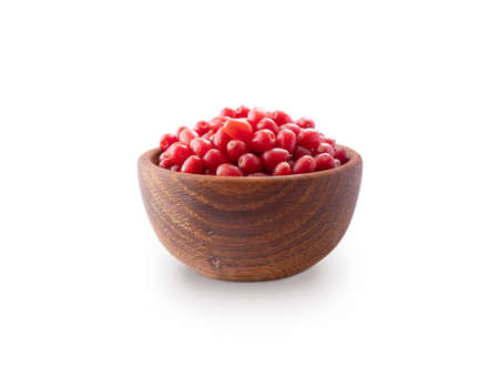 Elaeagnus multiflora (Goumi, Gumi, Natsugumi, or Cherry silverberry), is a species of Elaeagnus native to China, Korea, and Japan. Heap of gumi berries in a wooden bowl. Cherry silverberry isolated.の写真素材