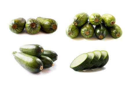 Fresh zucchini isolated on a white background. Design element for product label. Green zucchini vegetables isolated on white. Set of zucchini isolation.の写真素材