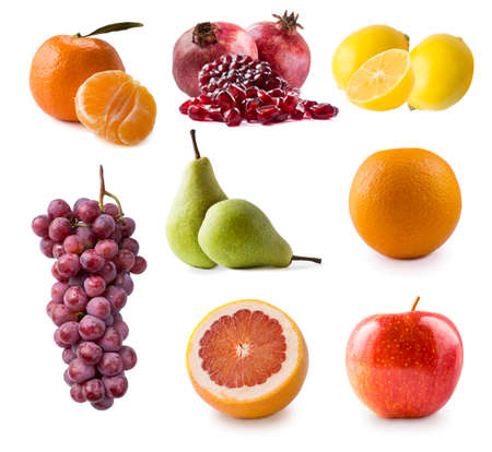 apple, pear, grape, mandarin, orange, grapefruit, pomegranate and lemon isolated. Autumn fruits with copy space for text. fruits from the autumn blues, isolated. Antiviral treatment. Virus prevention.の写真素材