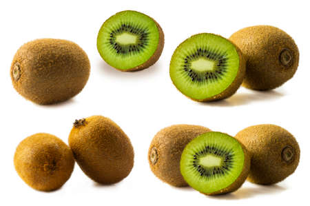 Kiwi fruit and slice isolated on white background. Tropical fruits on white. A set of kiwi fruits in different angles. Design element for product label. Design image of fresh kiwi fruit.の写真素材
