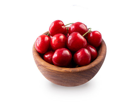 Cherryberries isolated on white. Set of cherry fruits. Cherryberries in a bowl. Sweet cherry isolated on white background cutout.の写真素材