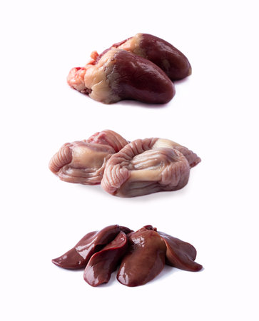 Raw chicken Liver, stomachs and heart isolated on white background. Raw chicken offal close-up, isolated on white background.の写真素材