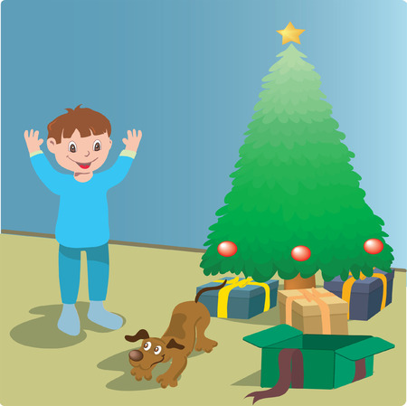 Happy boy that gets a puppy for Christmasのイラスト素材