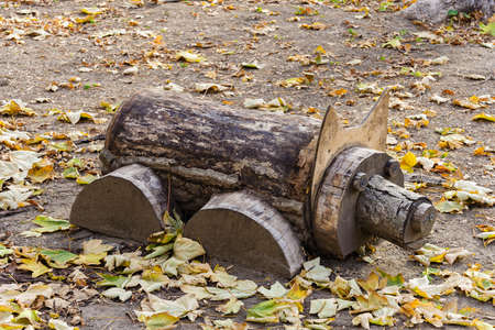 funny wooden figure of a wolf in the autumn Parkの写真素材