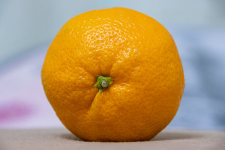 Beautiful fresh tangerine on a background of soft pastel colors. Large image size.の写真素材