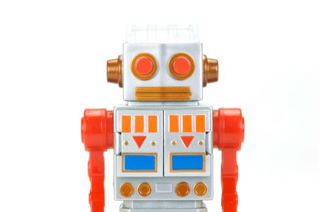 A toy robot isolated against a white backgroundの写真素材