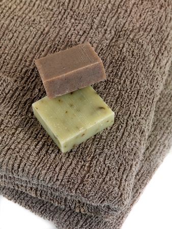 Scented olive oil soaps isolated against a white backgroundの写真素材