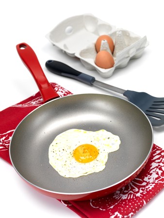 A freshly fried egg in a frying panの写真素材