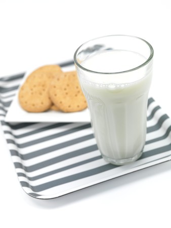 Cookies and milk on a serving trayの写真素材