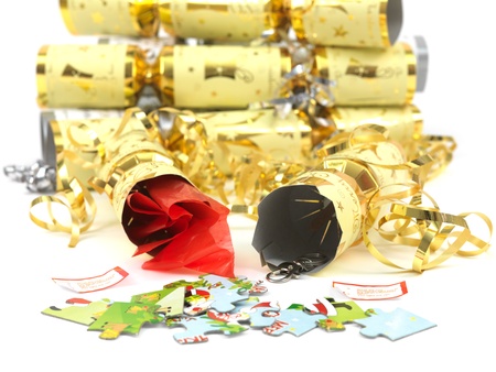 Christmas crackers isolated against a white backgroundの写真素材